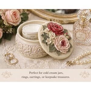 Vintage Handcast Designs Floral Trinket Box UK Pink Rose Vanity Jar Cottagecore